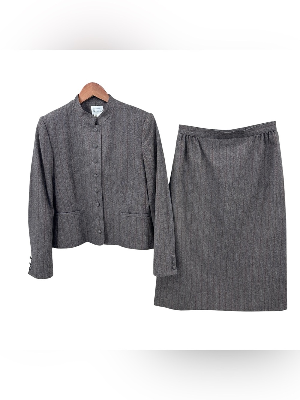 HANDMACHER Vintage Suit Set Jacket Skirt Lined Brown Gray